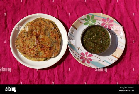 Methi Paratha With Indian Homemade Traditional Green Chilli Sauce Stock
