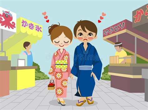 kimono couple in japanese summer festival stock vector