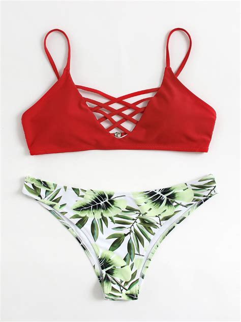 jungle print criss cross bikini set shein sheinside leaf print