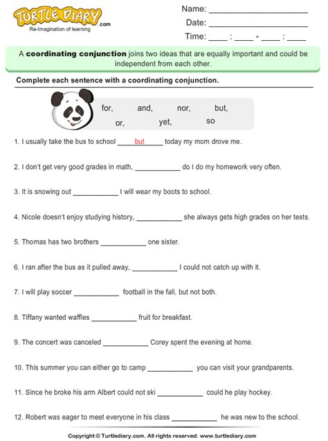 fill   blank  coordinating conjunction turtle diary worksheet