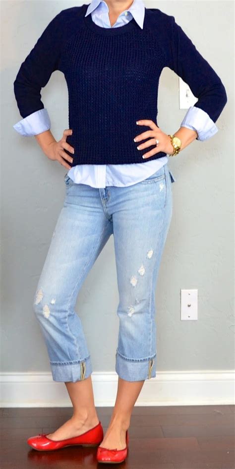 outfit post navy knit sweater blue button down oxford shirt cropped