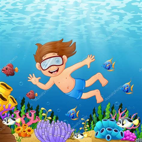 cartoon boy swimming   sea  fish stock vector  dualoro