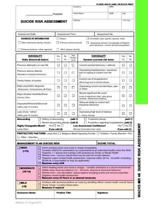 Suicide Risk Assessment Form Printable Pdf Download