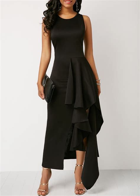 Sleeveless Round Neck Asymmetric Hem Black Maxi Dress
