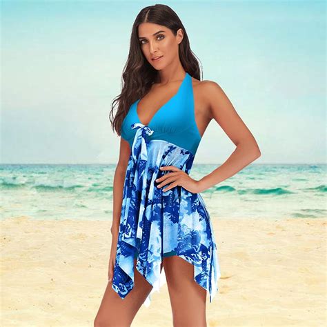 Anself Women Two Piece Swimsuits Contrast Color Print Halter Skirt
