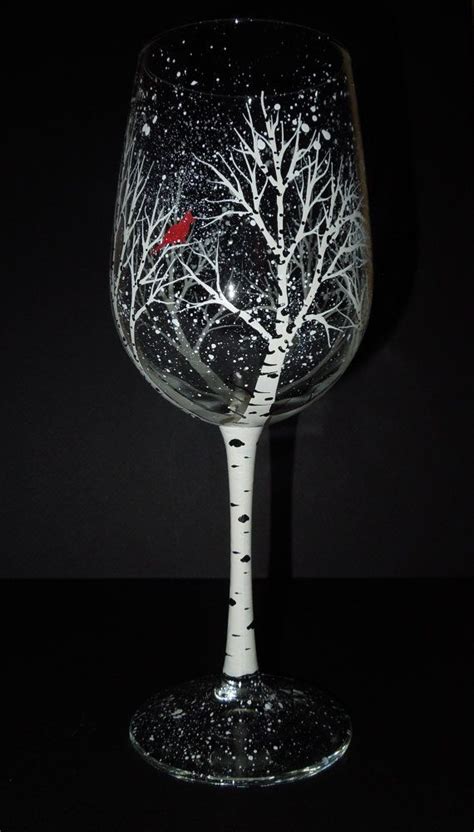 Christmas Winter Aspen Tree Wine Glasses Large Wine Glass Art Hand
