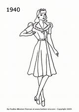 1940 Fashion Dress Drawing Silhouettes 1940s Drawings Silhouette 40s Woman 1950s Costume 1950 Dresses History Colouring Pages Timeline Coloring Women sketch template