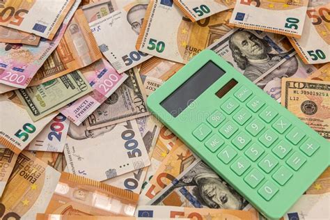 business accounting euro hrivna dollar  calculator stock image image  cash banknote