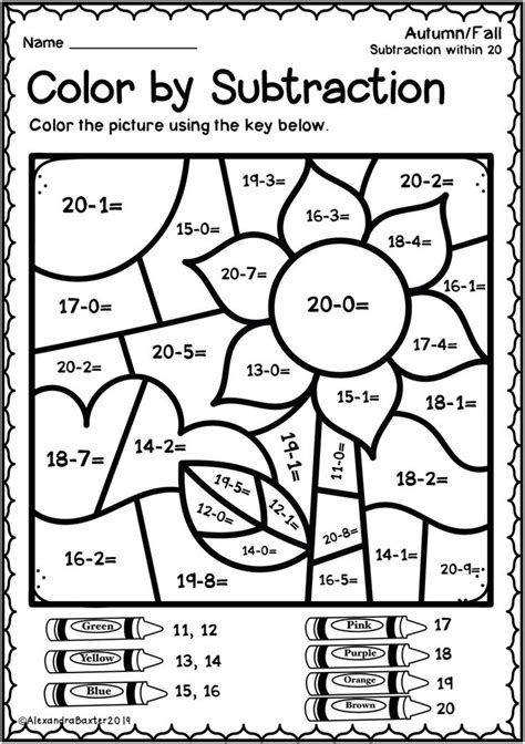 autumn fall color  subtraction worksheets math coloring worksheets