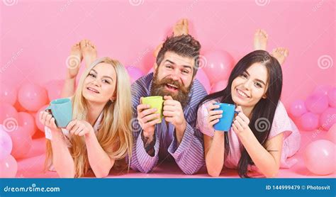 Threesome Relax In Morning With Coffee Lovers In Bed Concept Lovers