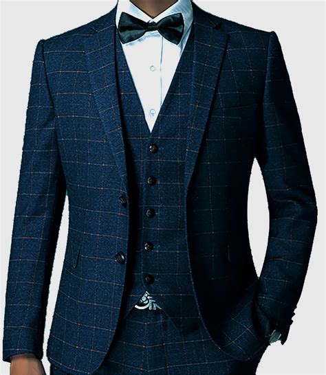 dark blue check men suit tailored plaid suits  men elegant