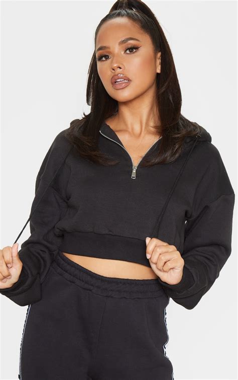 black zip  crop hoodie tops prettylittlething il