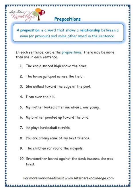 worksheets  grade  english grammar prepositions kidsworksheetfun