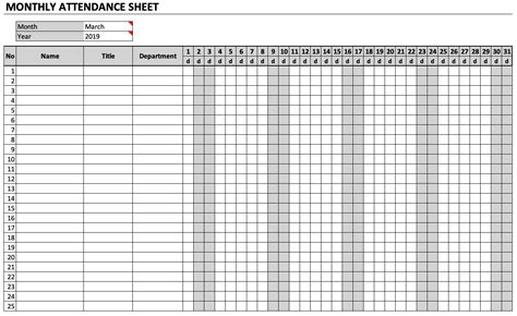 monthly attendance sheet  spreadsheet page