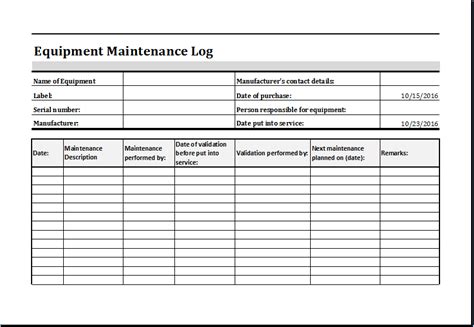equipment maintenance log template ms excel excel templates