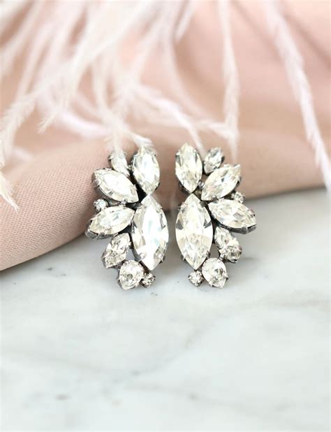 bridal earrings bridal crystal earrings bridal clear white etsy israel