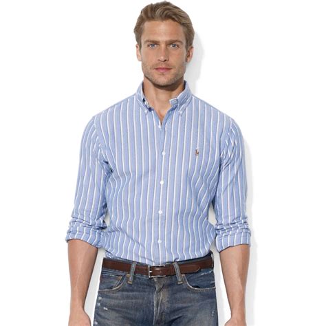 ralph lauren classic fit long sleeve striped cotton oxford shirt  bluecream blue  men lyst