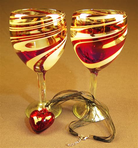 Heart And Wine Glasses Hand Blown Red And White Swirl Made
