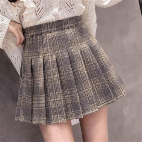 kpop harajuku 2018 autumn high waist pleated a line skirts woolen plaid
