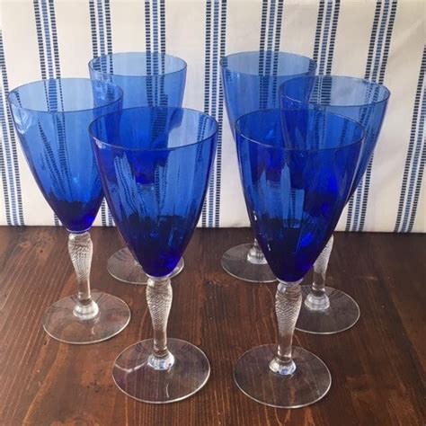 Vintage Set Of 6 Cobalt Blue Crystal Water Goblets Faceted Etsy