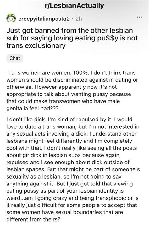lesbian gets banned from lesbian sub for saying that loving eating