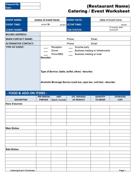catering worksheet template excel templates