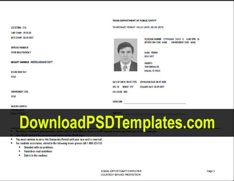 identification blank texas temporary paper id template  template