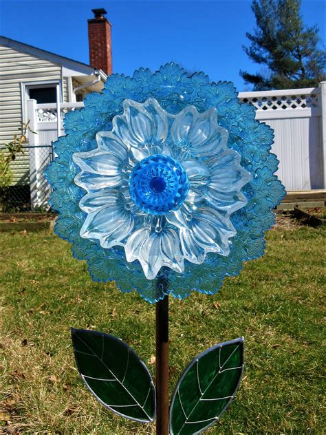 Glass Garden Flower Yard Art Upcycled Vintage Glass Flower Art Etsy