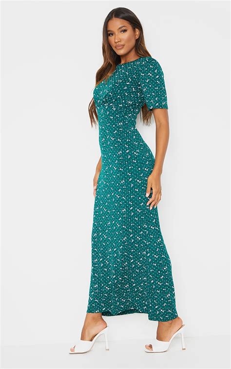 Green Ditsy Print Ruched Bust Maxi Dress Prettylittlething Aus