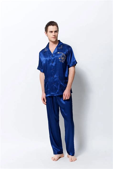 mens silk pajamas set satin chinese  momme pure pyjama homme long sleeve sleeping shirt brand