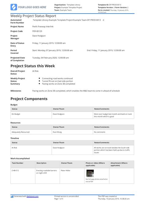 weekly project status report template   customisable