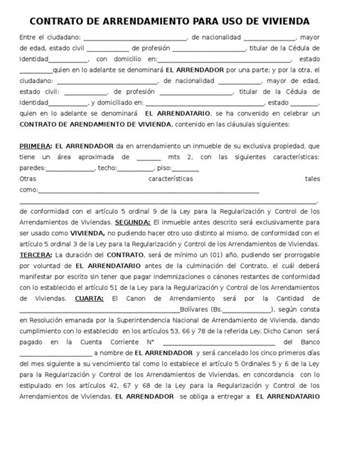 Contrato De Arrendamiento Para Uso De Vivienda Alquiler Propiedad