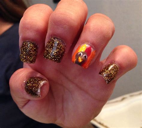 Cute Thanksgiving Acrylics Nails With Gold Brown Glitter Thanksgiving