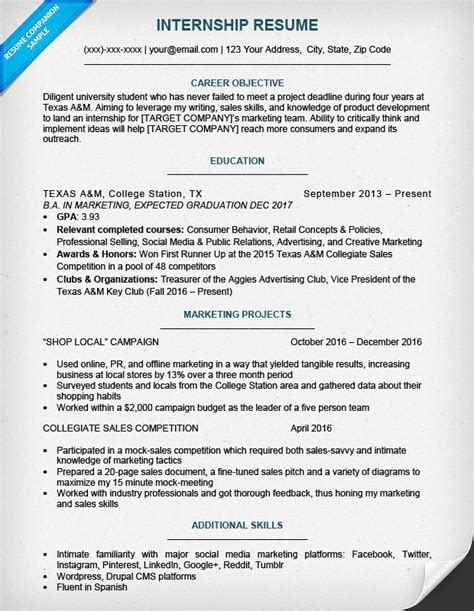 internship resume templates     wisestep