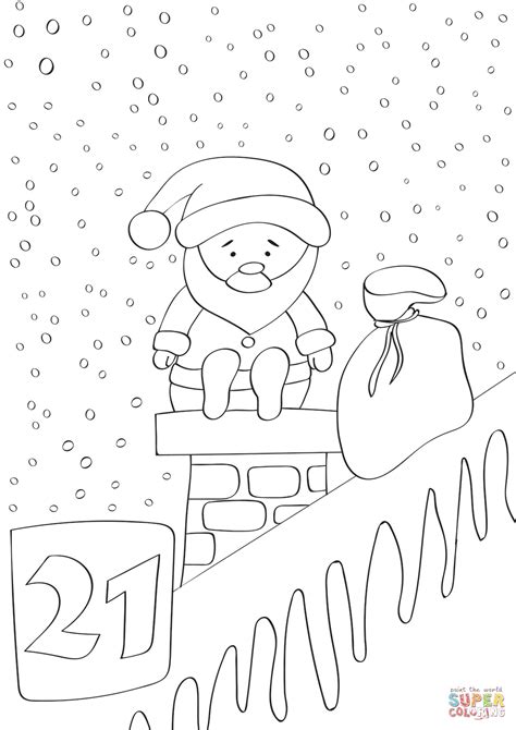 december   cute santa claus sitting  chimney coloring page