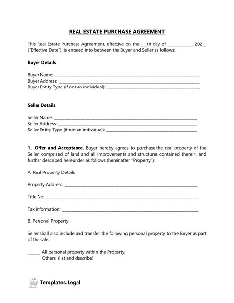 real estate purchase agreement templates  word  odt