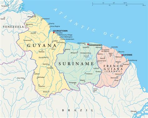 de politieke kaart van guyana van suriname en van frans guyana vector illustratie