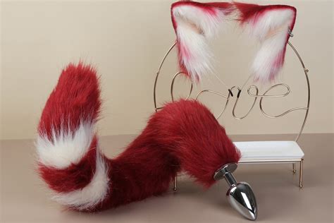 red and white cat ear and tail plug set kitten tail buttplug etsy