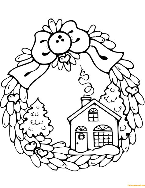 gingerbread house christmas wreath coloring page  printable