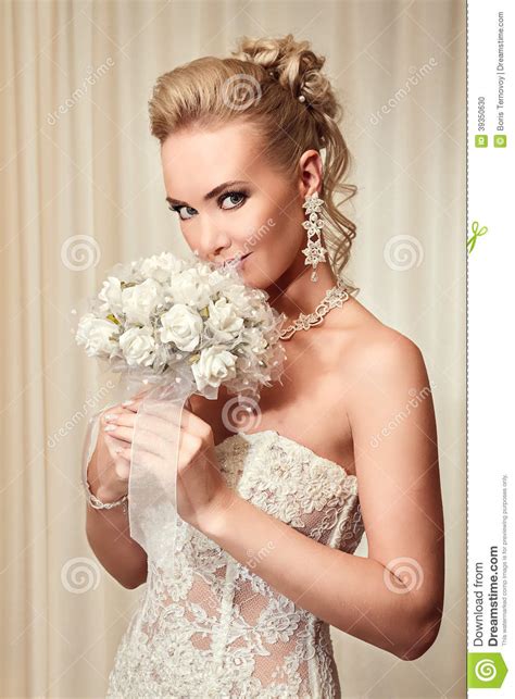 Beautiful Bride In Elegant White Lace Wedding Dress Stock
