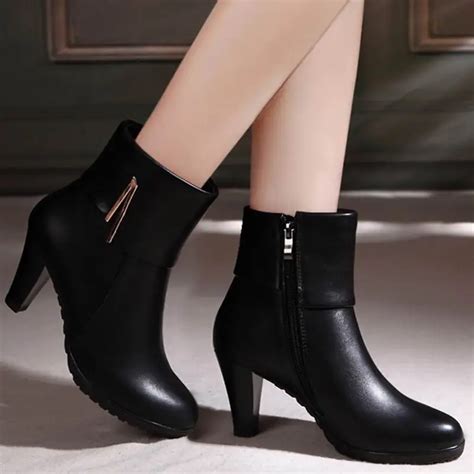 genuine leather ankle boots women winter shoes female  toe high heel fashion boots black