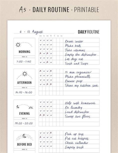 daily routine printable  shown  blue ink