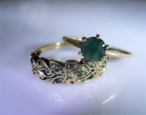 emerald bridal ring set green emerald engagement ring antiqued emerald wedding band