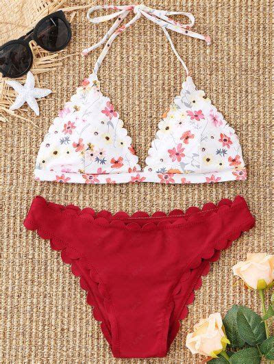 [21 Off] 2019 Floral Scalloped Halter Bikini Set In Dark Red Zaful