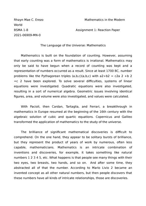 reaction paper na rhayn mae  erezo mathematics   modern