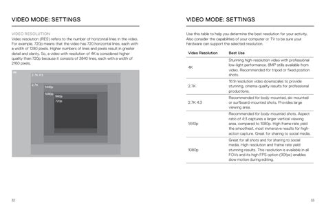 video mode settings gopro hero  session user manual page