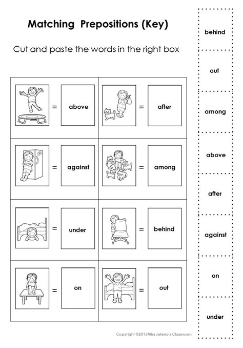 prepositions matching preposition worksheets kindergarten