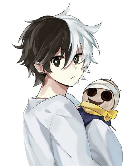 anime character holding  stuffed animal   arms  wearing  white shirt  black hair
