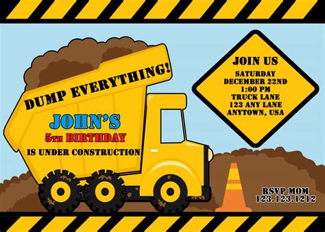 Yellow Dump Truck Construction Zone Birthday Invitations