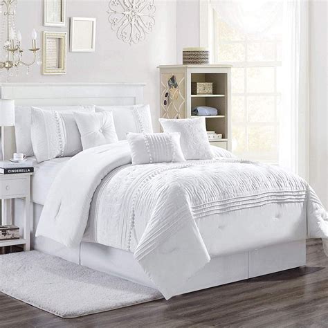 Unique Home Grace Comforter Set 7 Piece Collections Bed Set Solid White